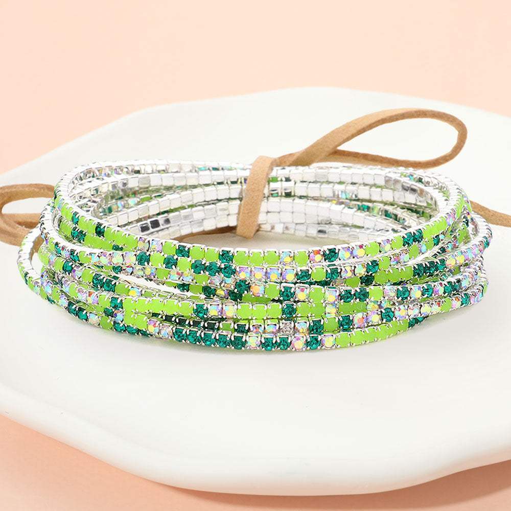 12PCS Ribbon Colorful Rhinestone Layered Stretch Bracelets - Madeline Love - Flyclothing LLC