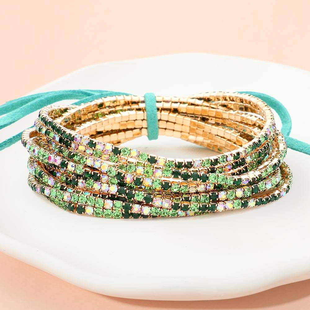 12PCS Ribbon Colorful Rhinestone Layered Stretch Bracelets - Madeline Love - Flyclothing LLC