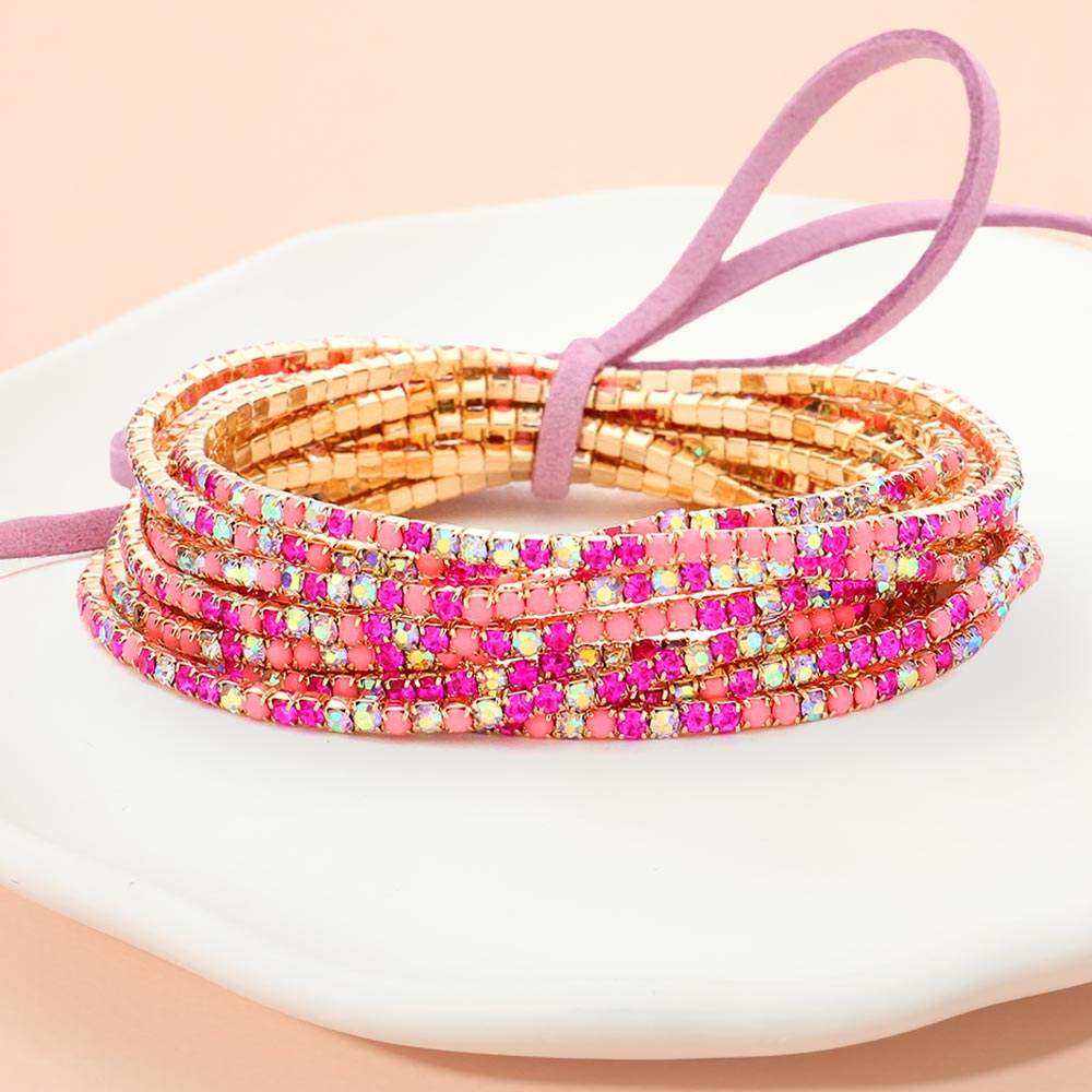 12PCS Ribbon Colorful Rhinestone Layered Stretch Bracelets - Madeline Love - Flyclothing LLC