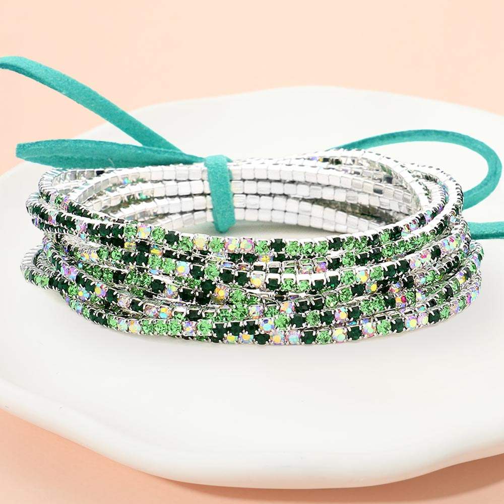 12PCS Ribbon Colorful Rhinestone Layered Stretch Bracelets - Madeline Love - Flyclothing LLC
