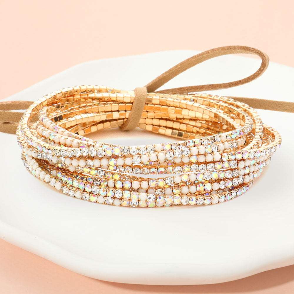 12PCS Ribbon Colorful Rhinestone Layered Stretch Bracelets - Madeline Love - Flyclothing LLC