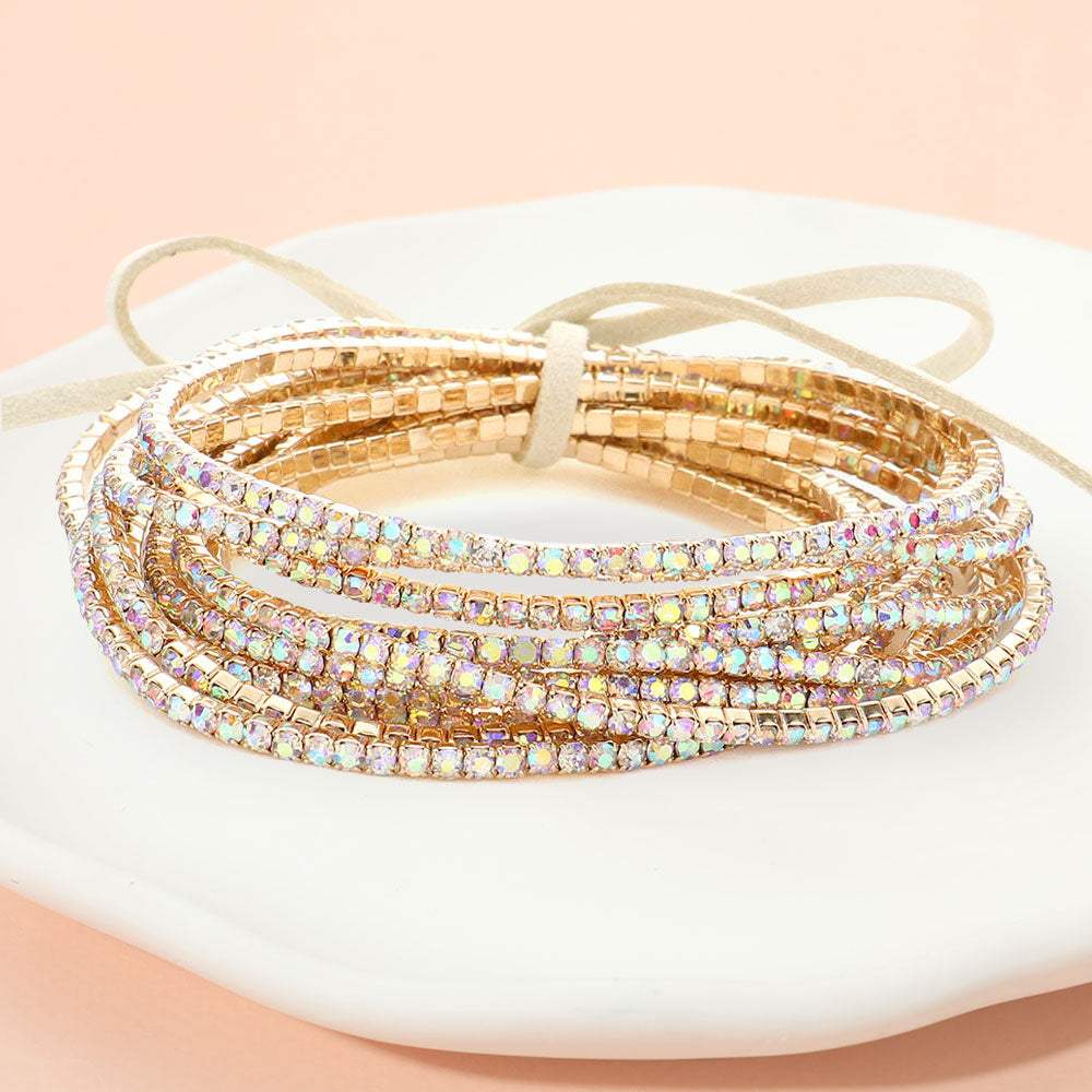 12PCS Ribbon Colorful Rhinestone Layered Stretch Bracelets - Madeline Love - Flyclothing LLC