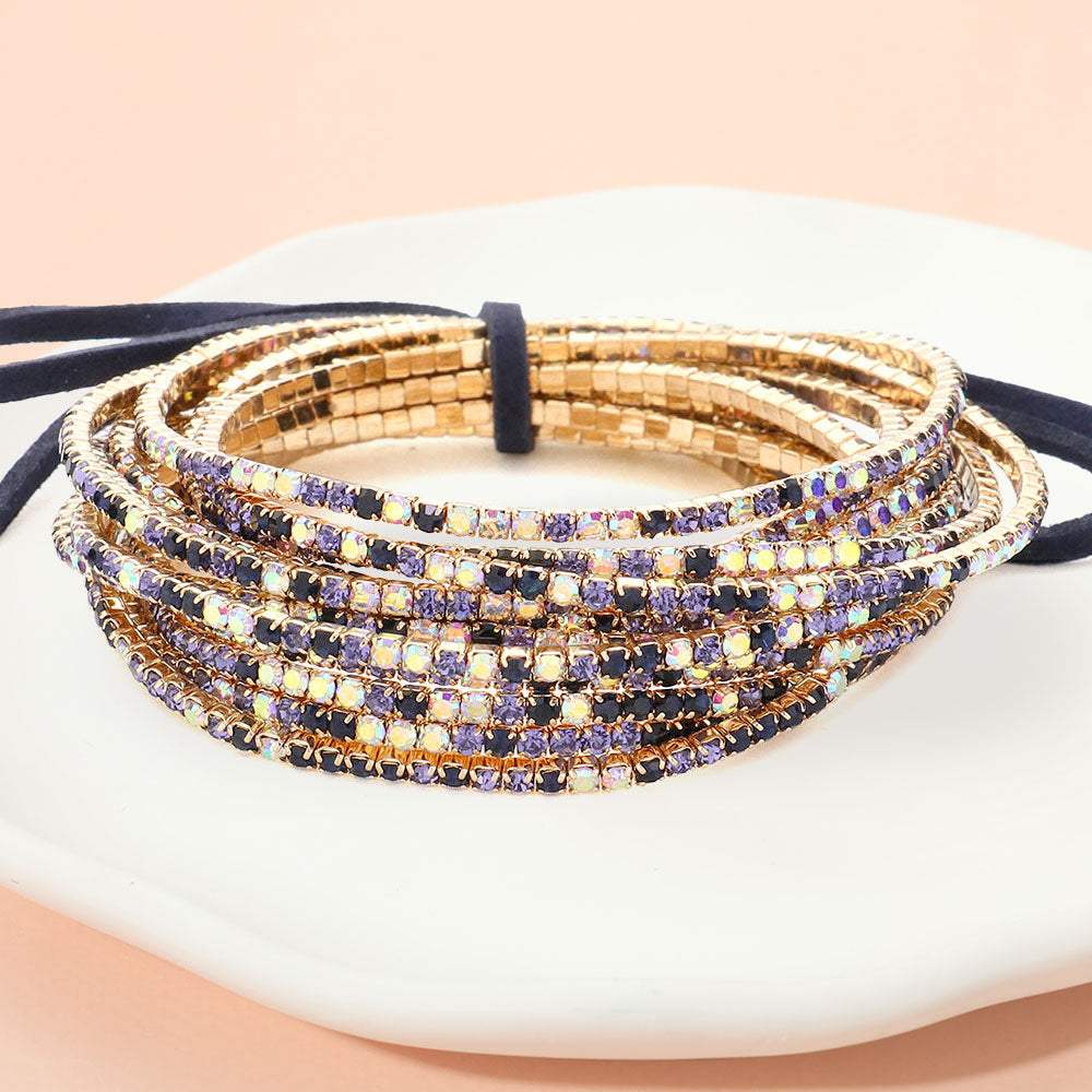 12PCS Ribbon Colorful Rhinestone Layered Stretch Bracelets - Madeline Love - Flyclothing LLC