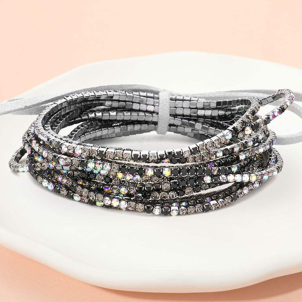 12PCS Ribbon Colorful Rhinestone Layered Stretch Bracelets - Madeline Love - Flyclothing LLC