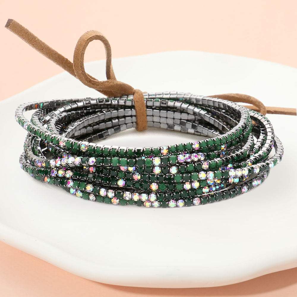12PCS Ribbon Colorful Rhinestone Layered Stretch Bracelets - Madeline Love - Flyclothing LLC