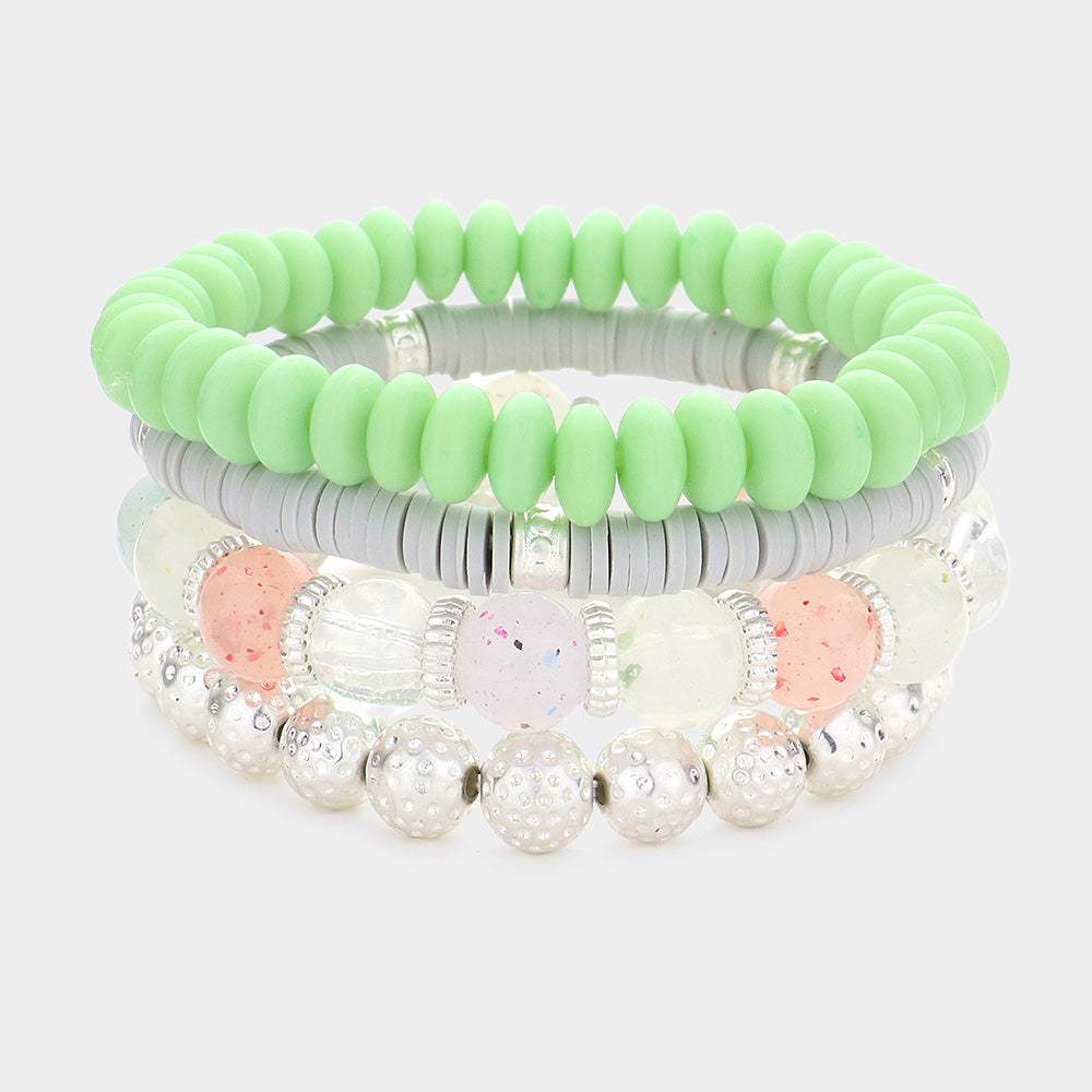 4PCS - Textured Metal Ball Heishi Beaded Stretch Bracelets - Madeline Love - Flyclothing LLC
