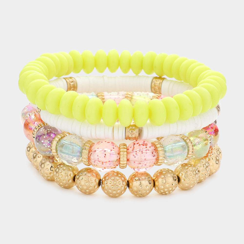 4PCS - Textured Metal Ball Heishi Beaded Stretch Bracelets - Madeline Love - Flyclothing LLC