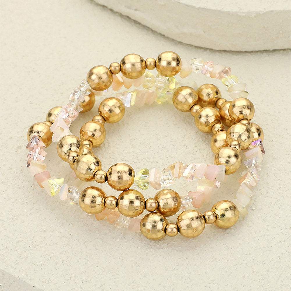 3PCS - Metal Ball Faceted Beaded Stretch Multi Layered Bracelets - Madeline Love - Flyclothing LLC