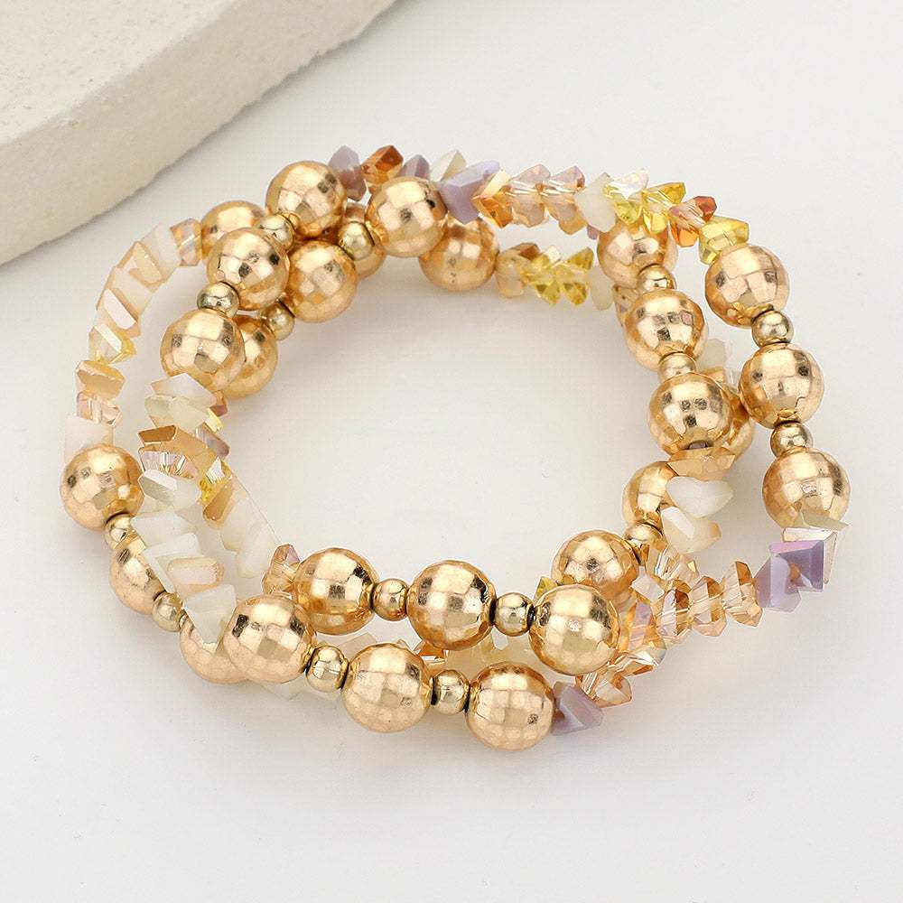 3PCS - Metal Ball Faceted Beaded Stretch Multi Layered Bracelets - Madeline Love - Flyclothing LLC