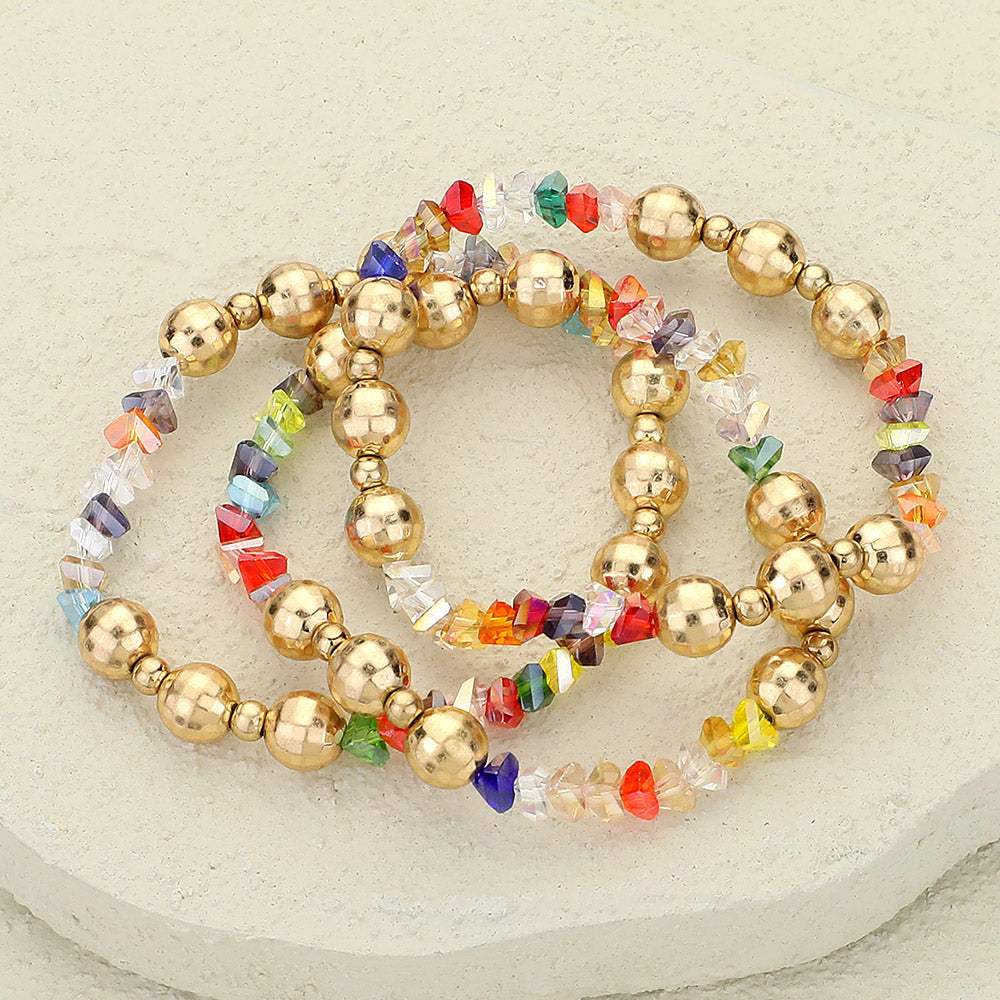 3PCS - Metal Ball Faceted Beaded Stretch Multi Layered Bracelets - Madeline Love - Flyclothing LLC