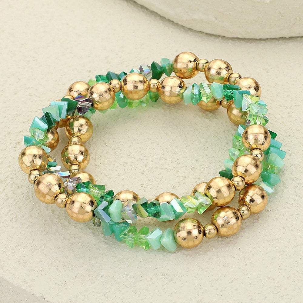 3PCS - Metal Ball Faceted Beaded Stretch Multi Layered Bracelets - Madeline Love - Flyclothing LLC