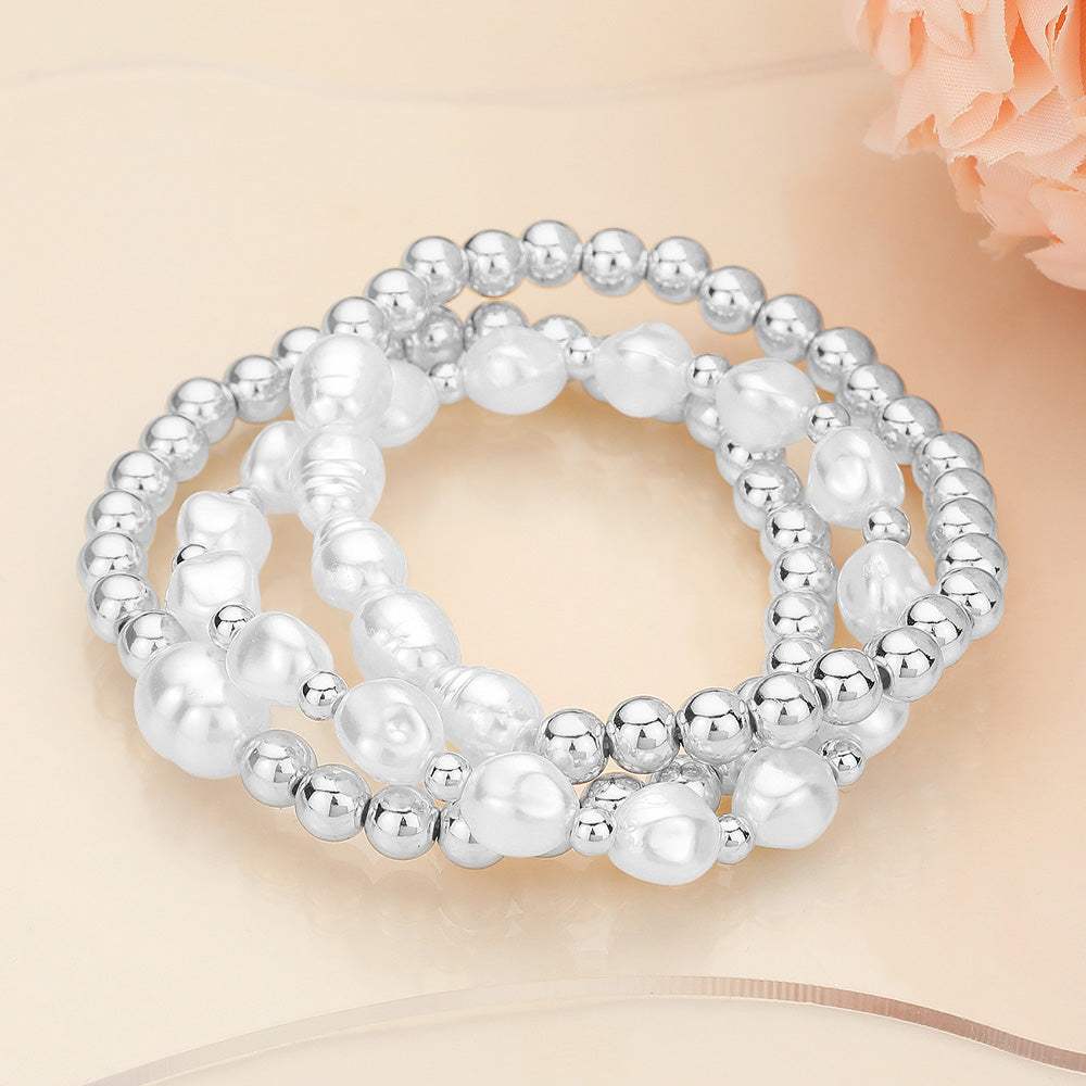 3PCS - Metal Pearl Ball Beaded Stretch Multi Layered Bracelets - Madeline Love - Flyclothing LLC