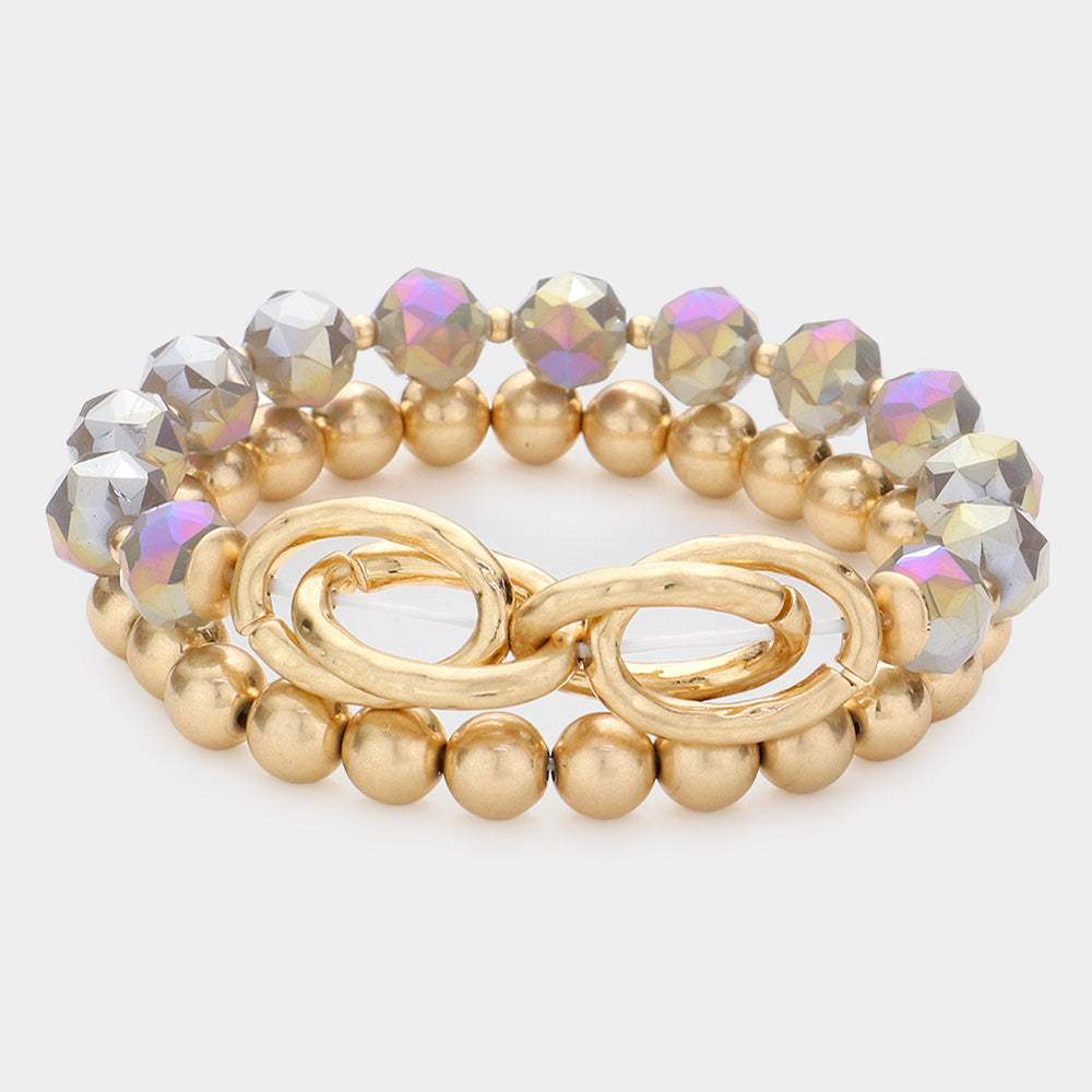 2PCS - Open Metal Oval Link Metal Ball Faceted Beaded Stretch Bracelets - Madeline Love - Flyclothing LLC