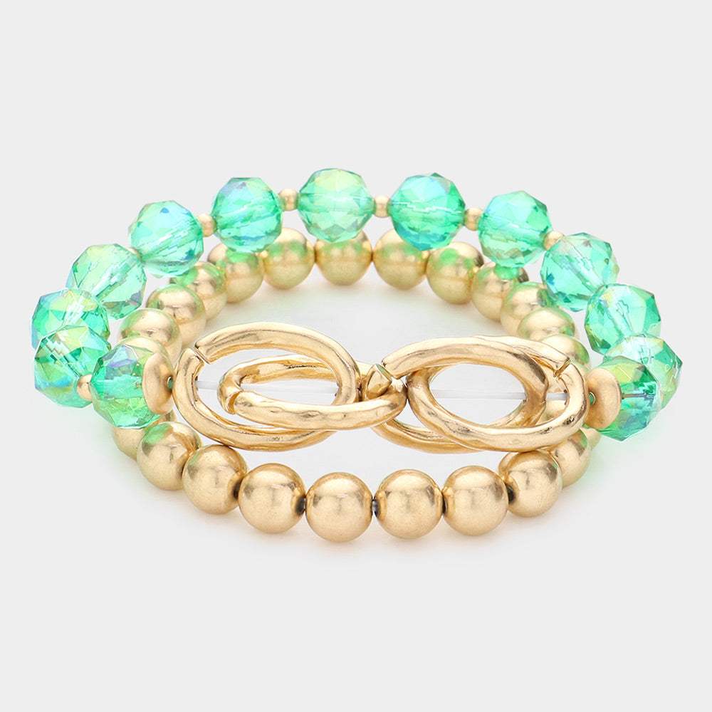 2PCS - Open Metal Oval Link Metal Ball Faceted Beaded Stretch Bracelets - Madeline Love - Flyclothing LLC