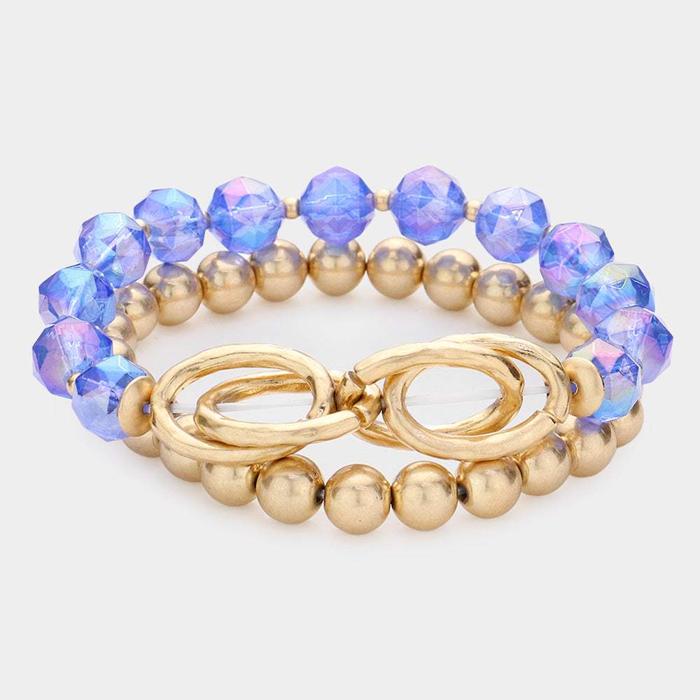 2PCS - Open Metal Oval Link Metal Ball Faceted Beaded Stretch Bracelets - Madeline Love - Flyclothing LLC