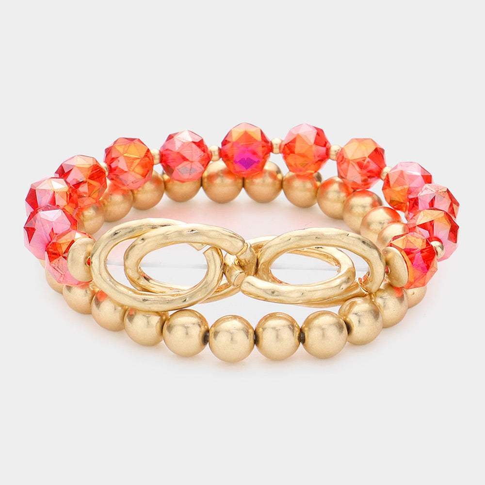 2PCS - Open Metal Oval Link Metal Ball Faceted Beaded Stretch Bracelets - Madeline Love - Flyclothing LLC