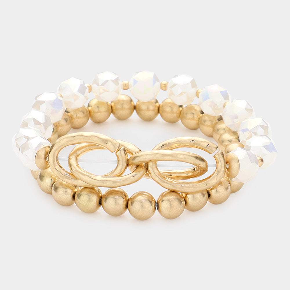 2PCS - Open Metal Oval Link Metal Ball Faceted Beaded Stretch Bracelets - Madeline Love - Flyclothing LLC