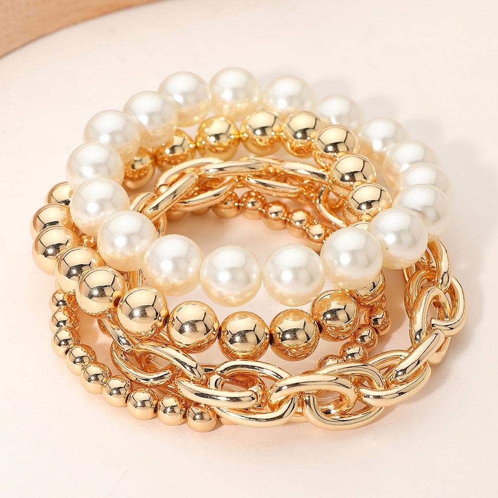 4PCS - Pearl Metal Ball Mixed Beaded Stretch Multi Layered Bracelets - Madeline Love - Flyclothing LLC