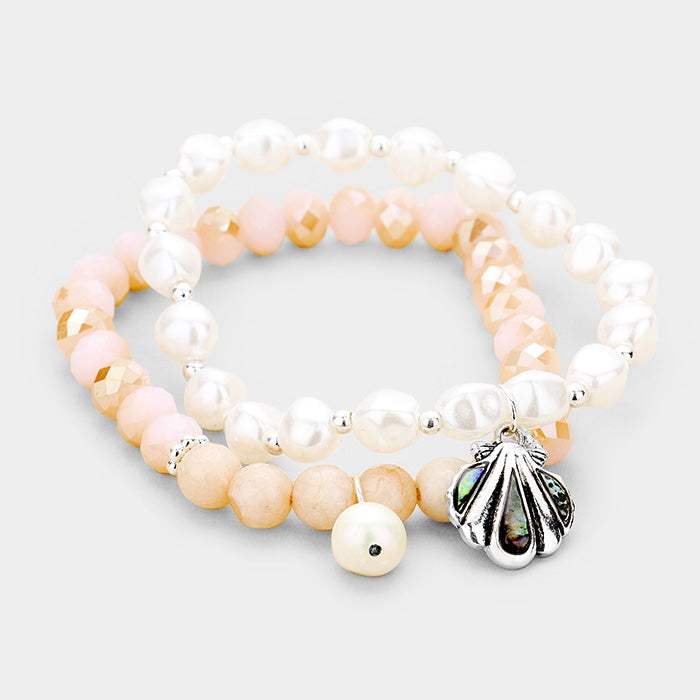 2PCS Freshwater Pearl Abalone Shell Charm Stretch Bracelet - Madeline Love - Flyclothing LLC
