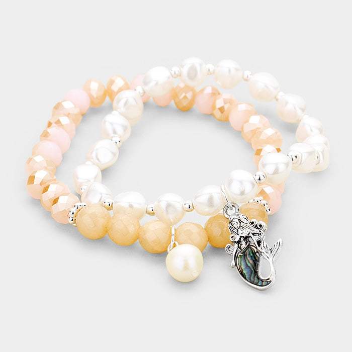 2PCS Freshwater Pearl Abalone Mermaid Charm Stretch Bracelet - Madeline Love - Flyclothing LLC