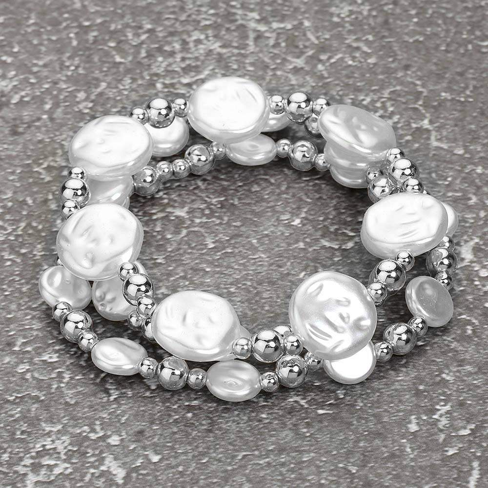 3PCS - Pearl Metal Ball Beaded Stretch Multi Layered Bracelets - Madeline Love - Flyclothing LLC