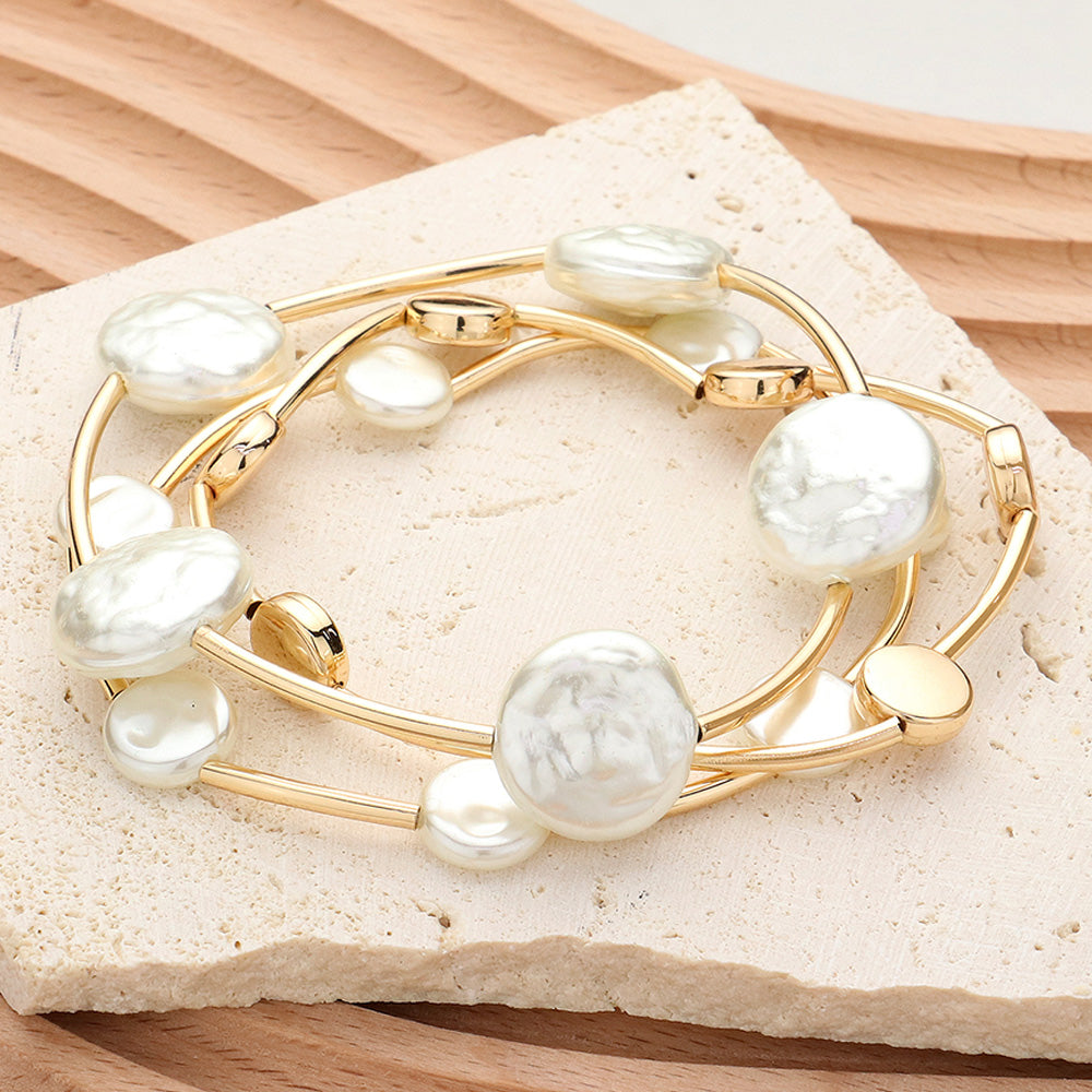 3PCS - Natural Pearl Disc Pointed Stretch Multi Layered Bracelets - Madeline Love - Flyclothing LLC