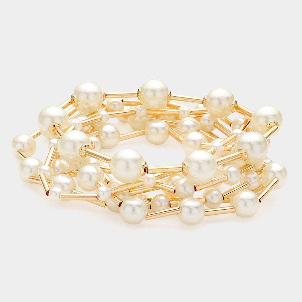 7PCS - Pearl Metal Ball Beaded Stretch Multi Layered Bracelets - Madeline Love - Flyclothing LLC