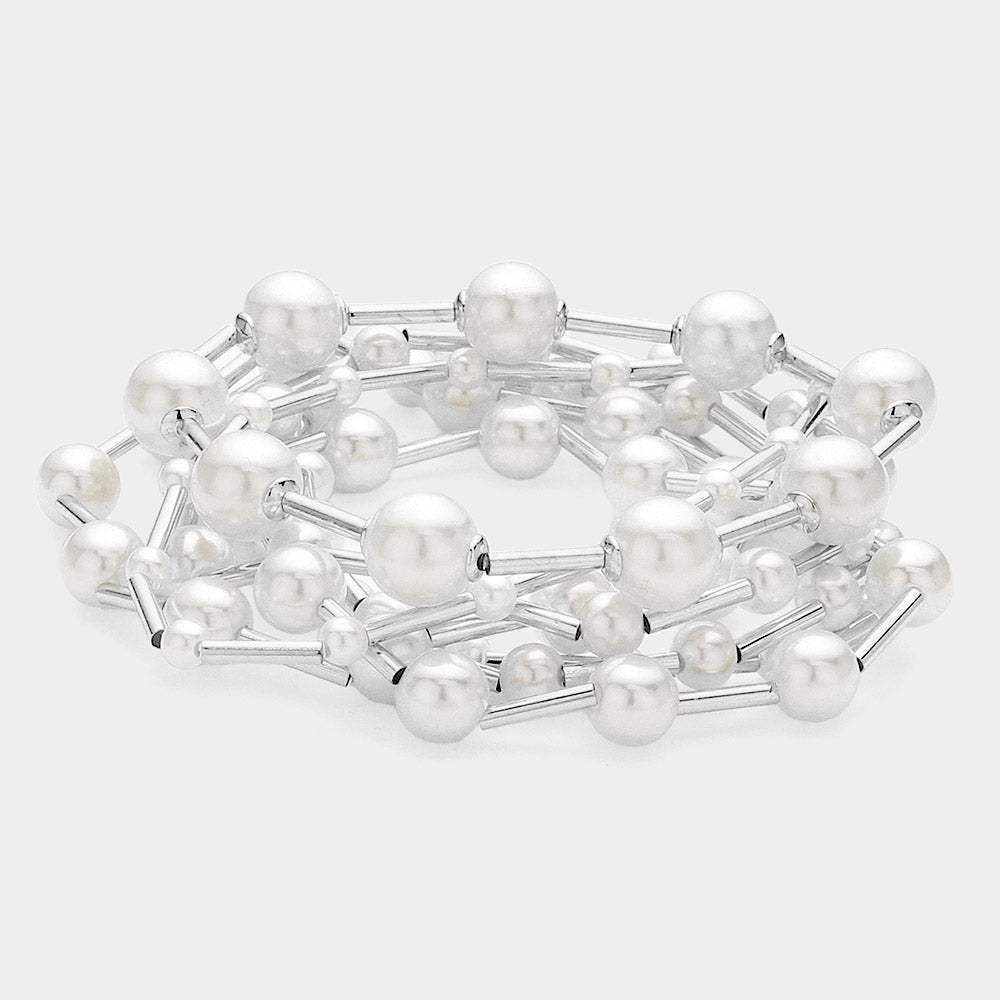 7PCS - Pearl Metal Ball Beaded Stretch Multi Layered Bracelets - Madeline Love - Flyclothing LLC