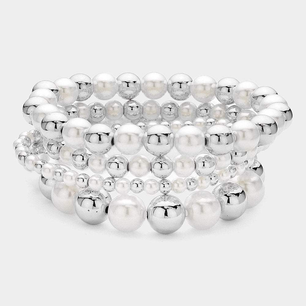 4PCS - Pearl Metal Beaded Stretch Multi Layered Bracelets - Madeline Love - Flyclothing LLC