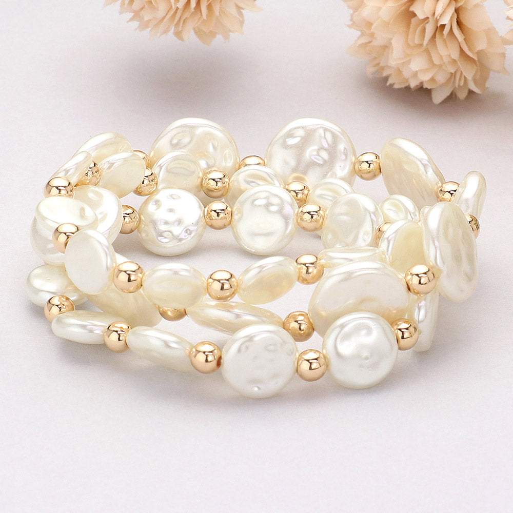 3PCS - Pearl Disc Beaded Stretch Multi Layered Bracelets - Madeline Love - Flyclothing LLC