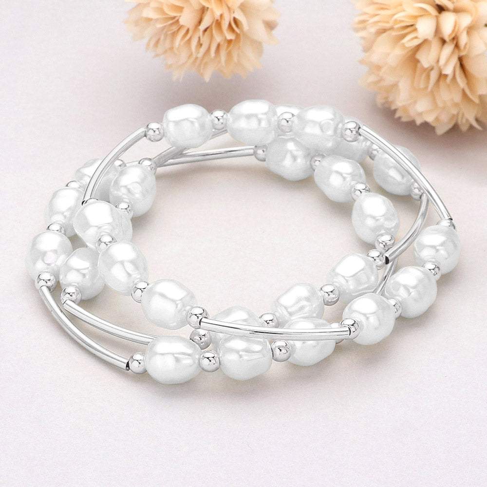 3PCS - Triple Freshwater Pearl Beaded Station Stretch Multi Layered Bracelets - Madeline Love - Flyclothing LLC