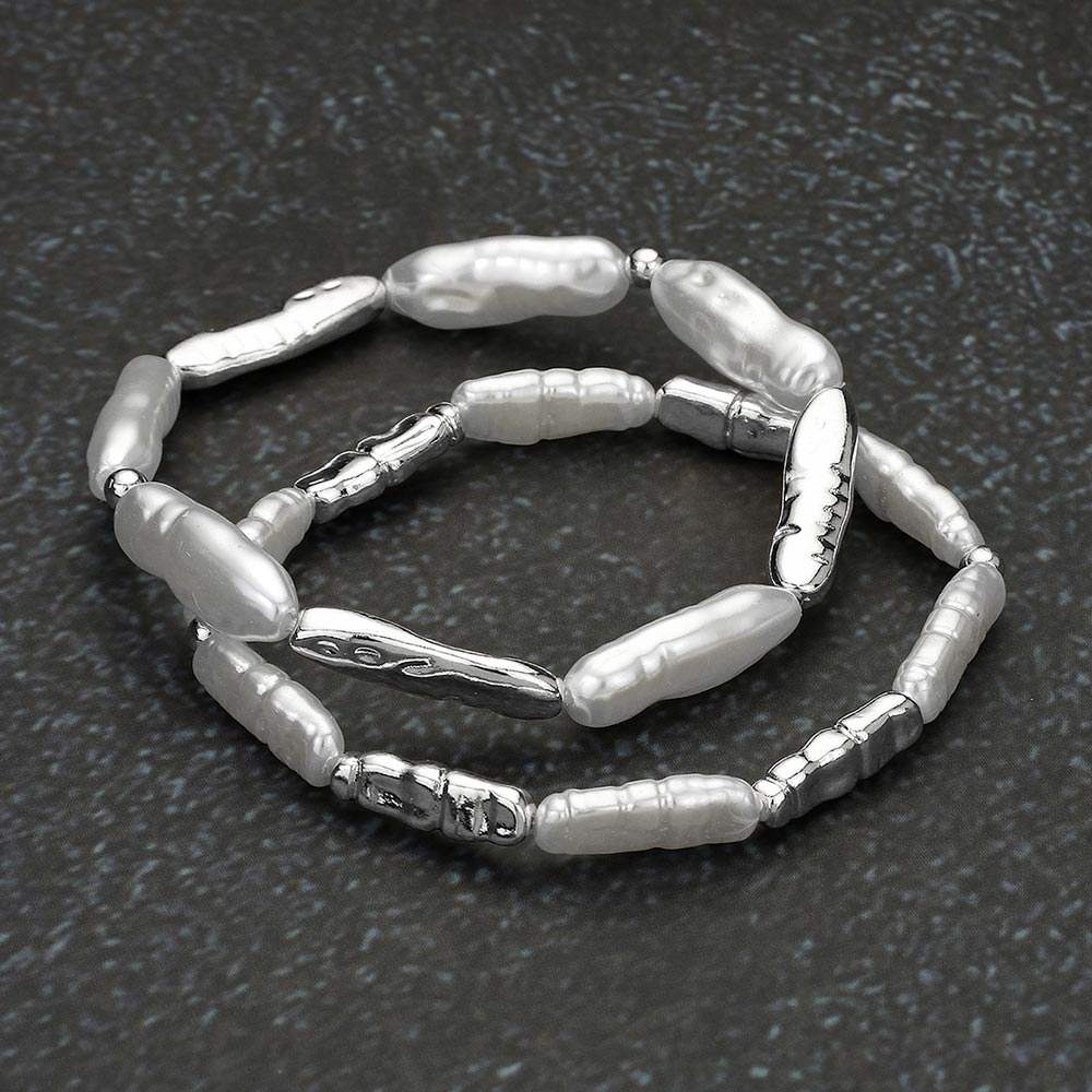 2PCS - Pearl Textured Metal Beaded Stretch Multi Layered Bracelets - Madeline Love - Flyclothing LLC