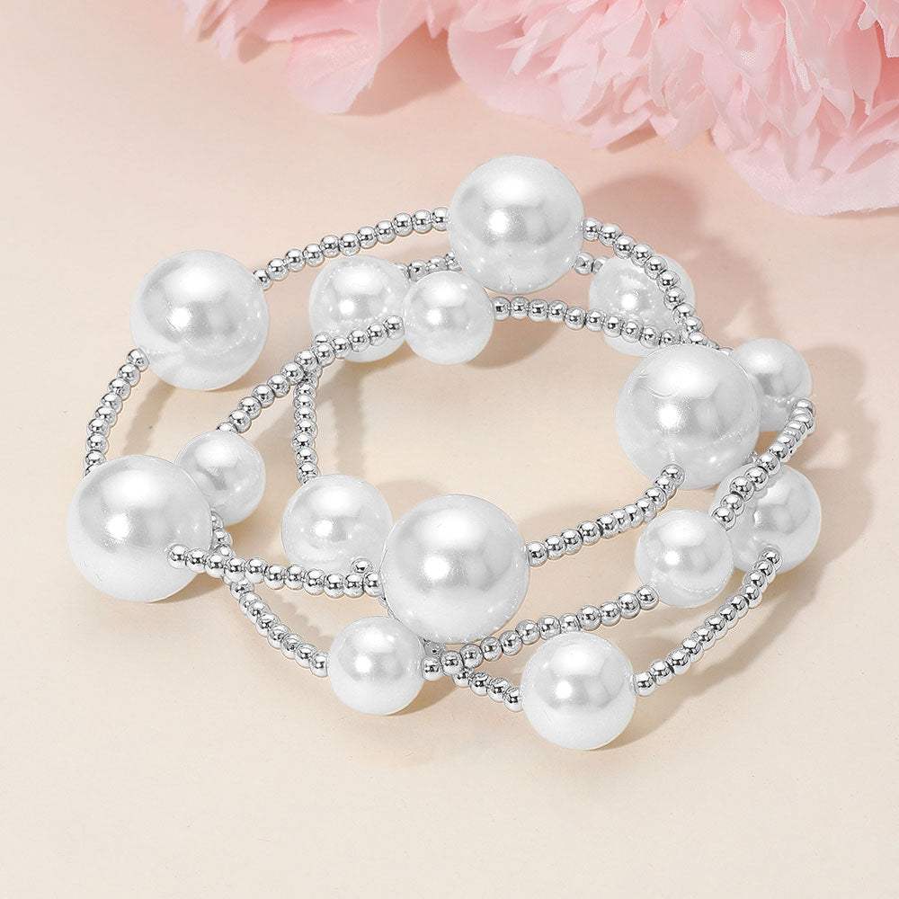 3PCS - Chunky Pearl Accent Metal Ball Beaded Stretch Multi Layered Bracelets - Madeline Love - Flyclothing LLC