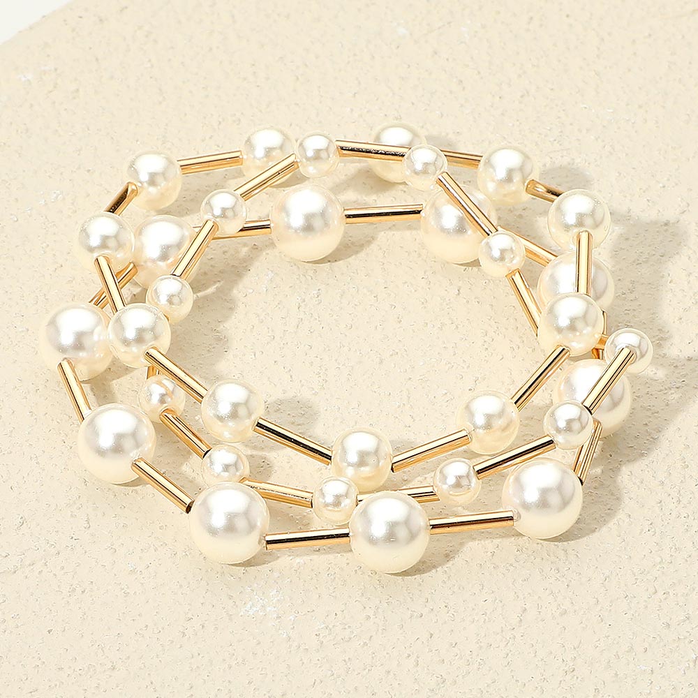 3PCS - Pearl Metal Bar Beaded Stretch Multi Layered Bracelets - Madeline Love - Flyclothing LLC