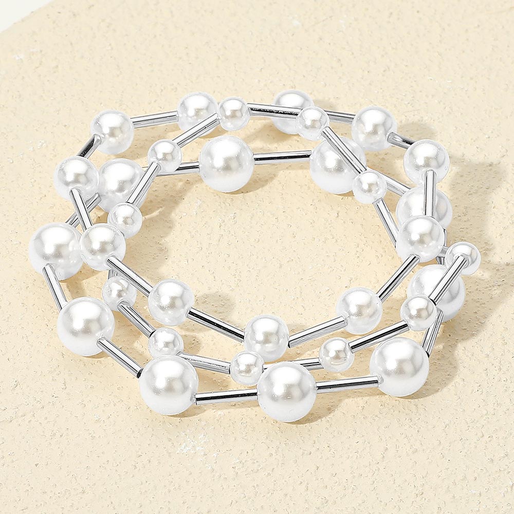 3PCS - Pearl Metal Bar Beaded Stretch Multi Layered Bracelets - Madeline Love - Flyclothing LLC
