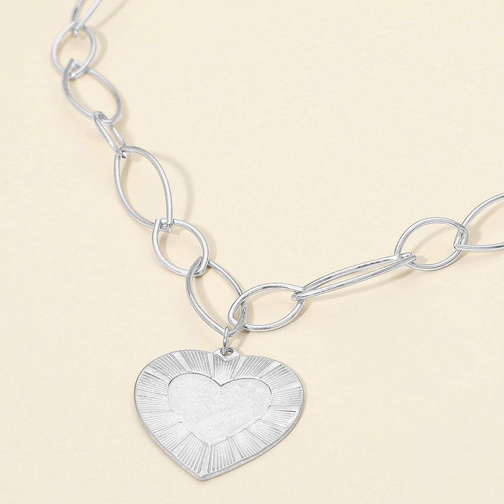 Bold Textured Heart Pendant Oval Link Chain Necklace - Madeline Love - Flyclothing LLC