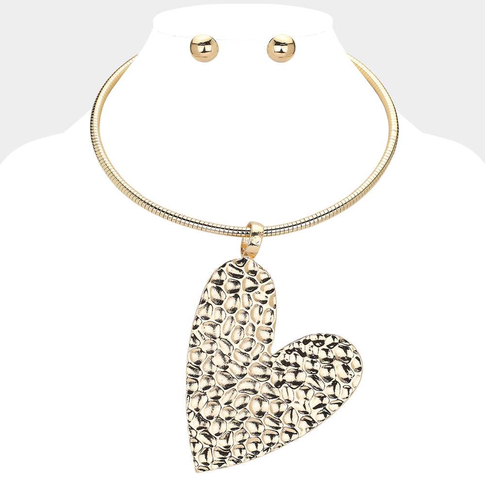 Textured Metal Heart Pendant Statement Necklace - Madeline Love - Flyclothing LLC