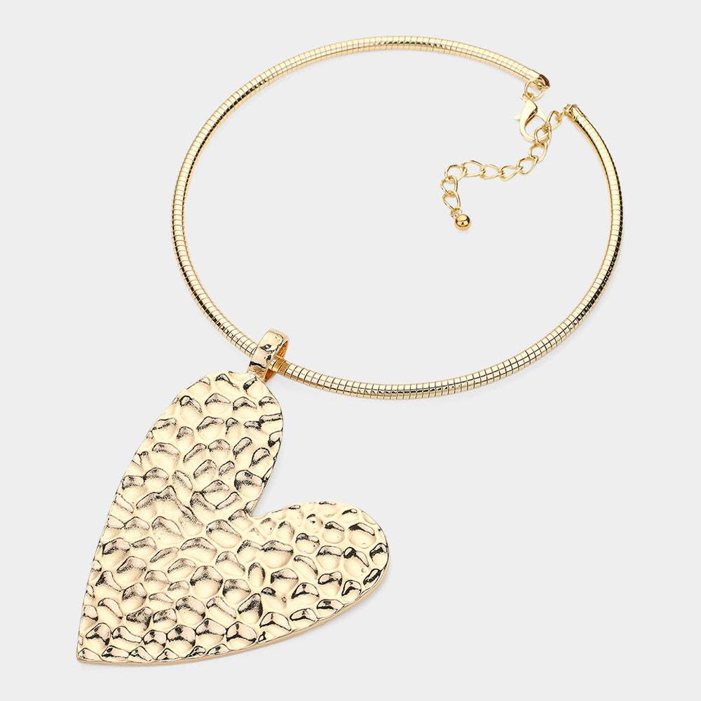 Textured Metal Heart Pendant Statement Necklace - Madeline Love - Flyclothing LLC