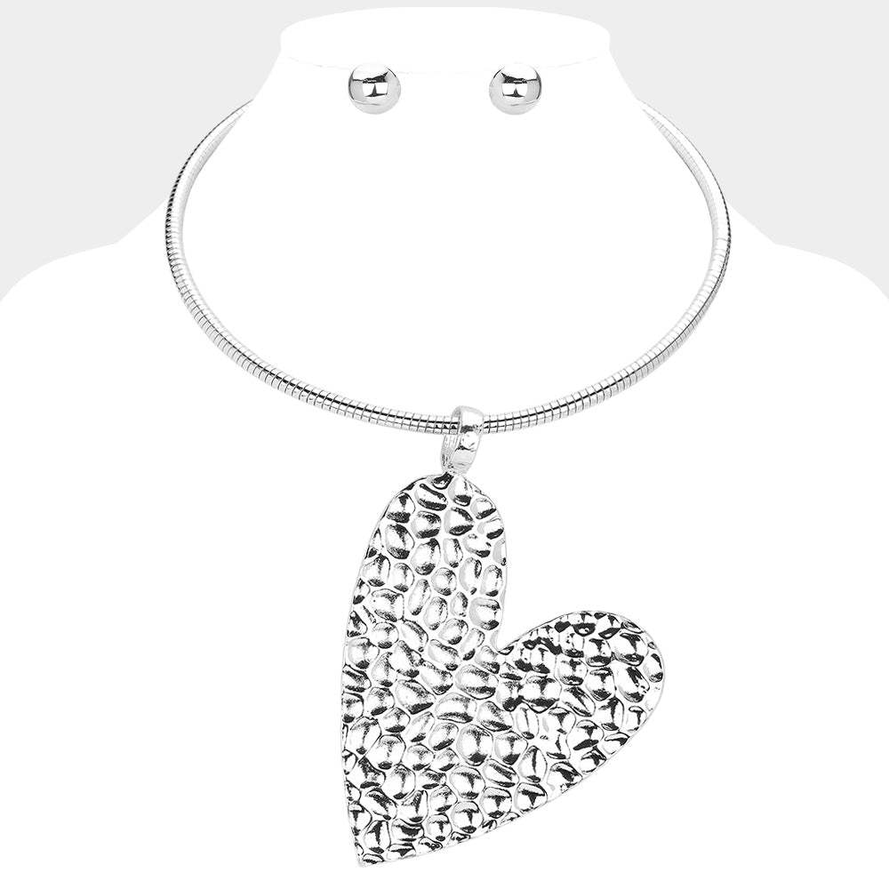 Textured Metal Heart Pendant Statement Necklace - Madeline Love - Flyclothing LLC