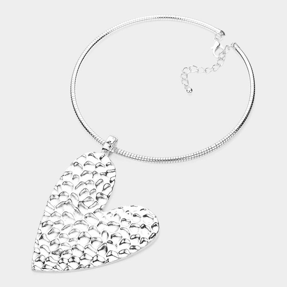 Textured Metal Heart Pendant Statement Necklace - Madeline Love - Flyclothing LLC