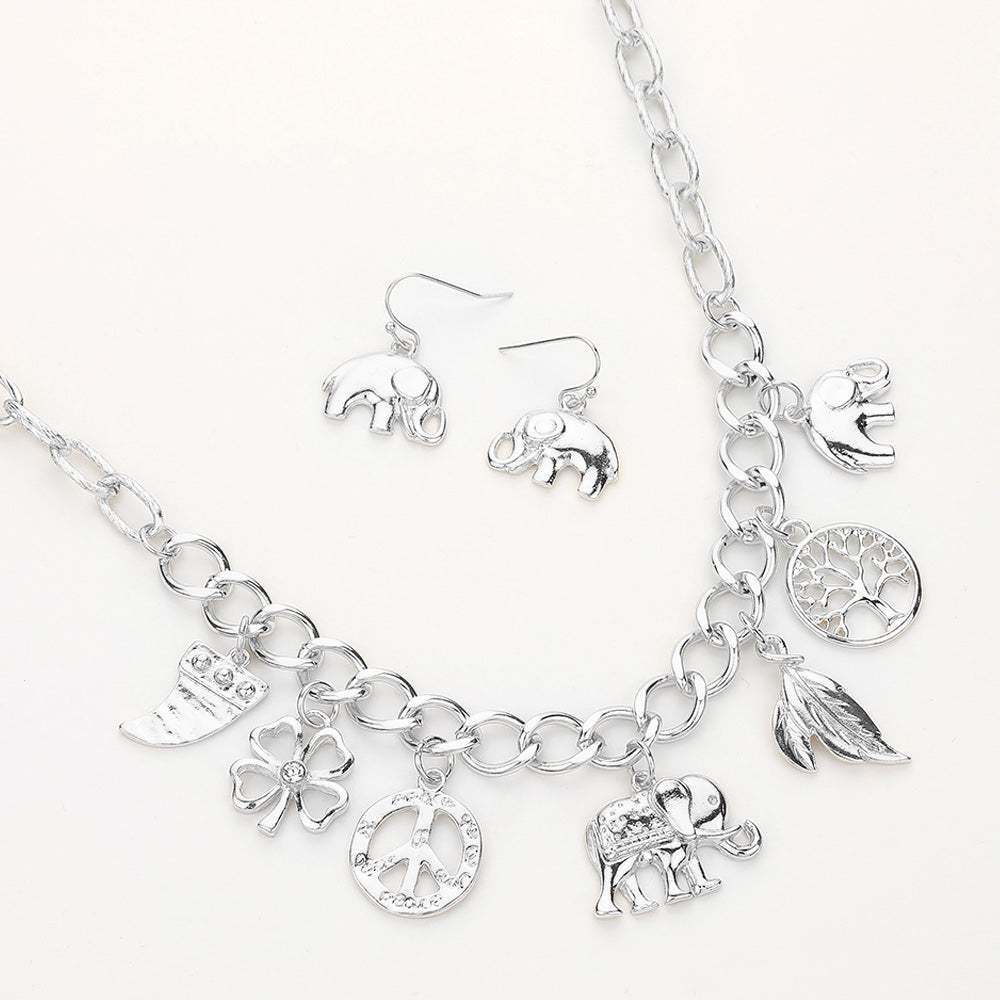 Elephant Clover Peace Tree of Life Leaf Horn Charm Station Necklace - Madeline Love - Flyclothing LLC