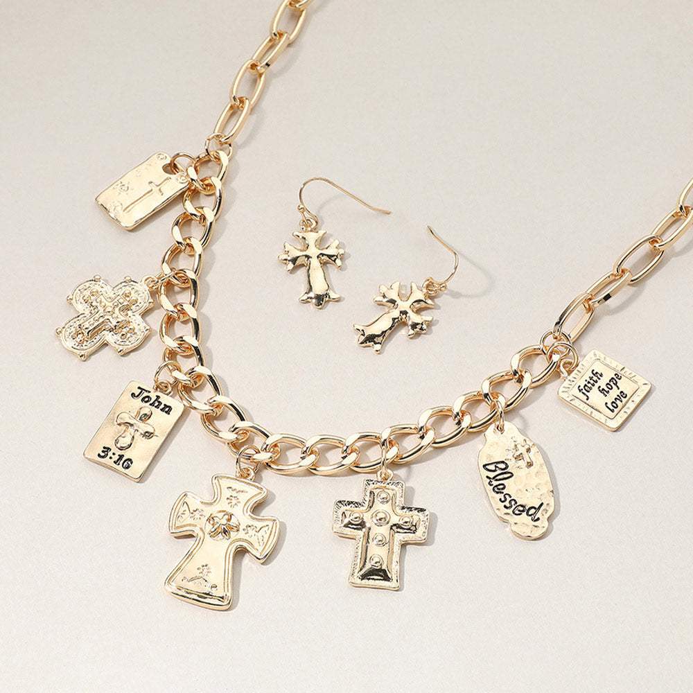 Metal Cross Bible Charm Station Chunky Chain Necklace - Madeline Love - Flyclothing LLC