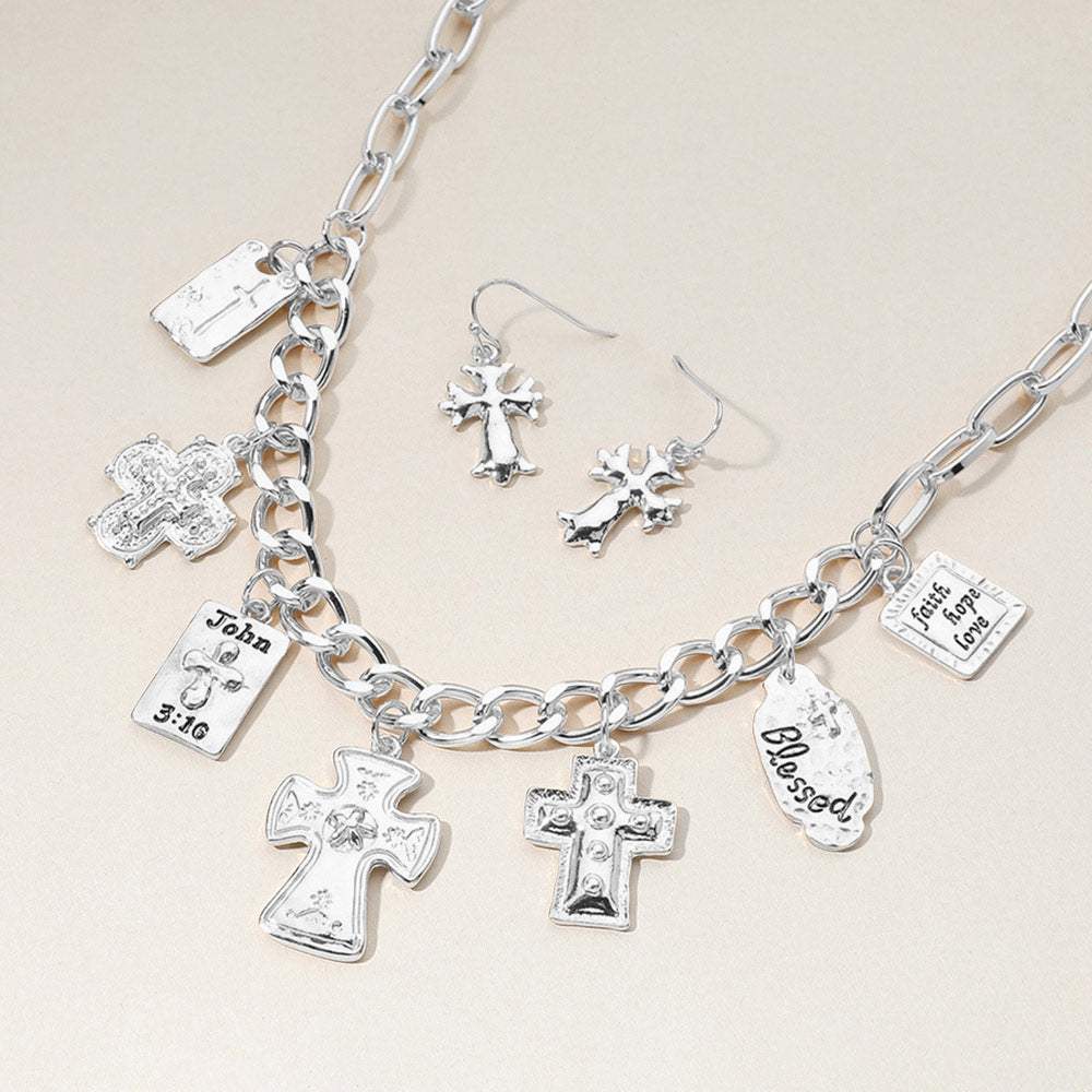 Metal Cross Bible Charm Station Chunky Chain Necklace - Madeline Love - Flyclothing LLC
