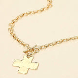 Hammered Metal Cross Pendant Chunky Chain Toggle Necklace - Madeline Love - Flyclothing LLC