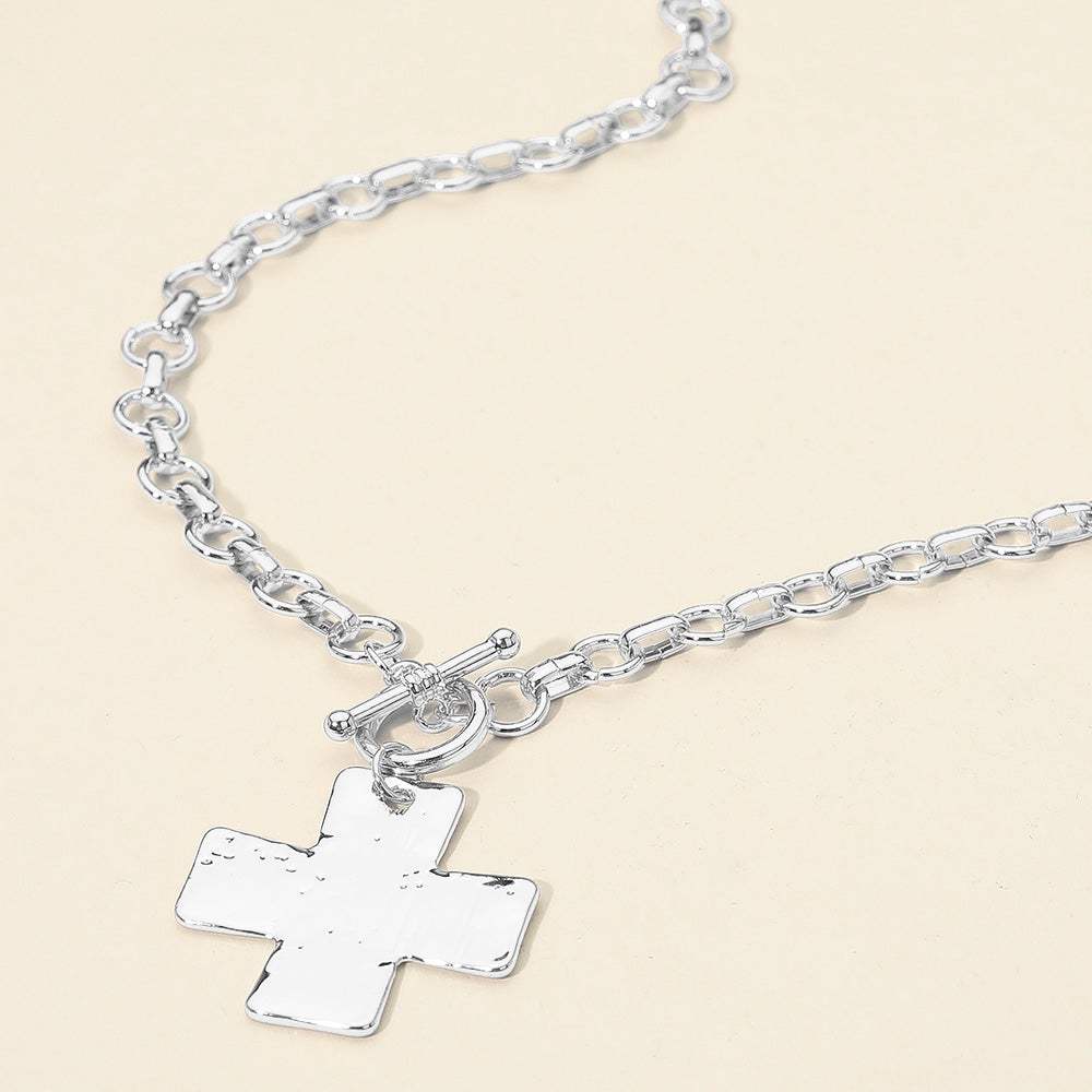 Hammered Metal Cross Pendant Chunky Chain Toggle Necklace - Madeline Love - Flyclothing LLC