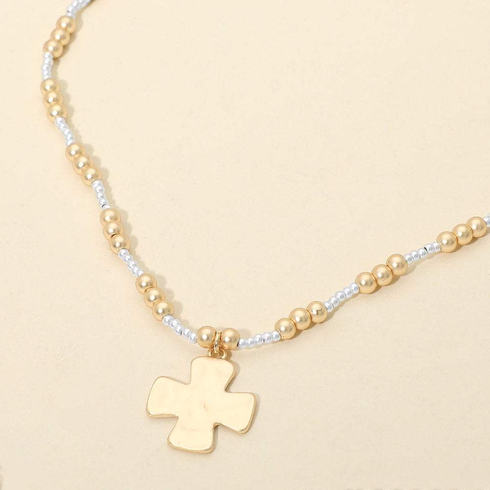 Brushed Hammered Metal Cross Pendant Beaded Chain Necklace - Madeline Love - Flyclothing LLC