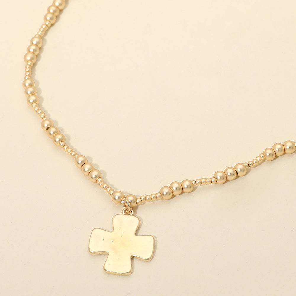 Brushed Hammered Metal Cross Pendant Beaded Chain Necklace - Madeline Love - Flyclothing LLC
