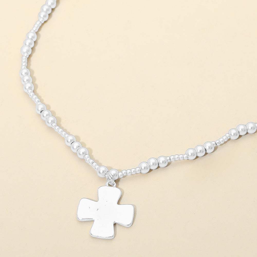 Brushed Hammered Metal Cross Pendant Beaded Chain Necklace - Madeline Love - Flyclothing LLC