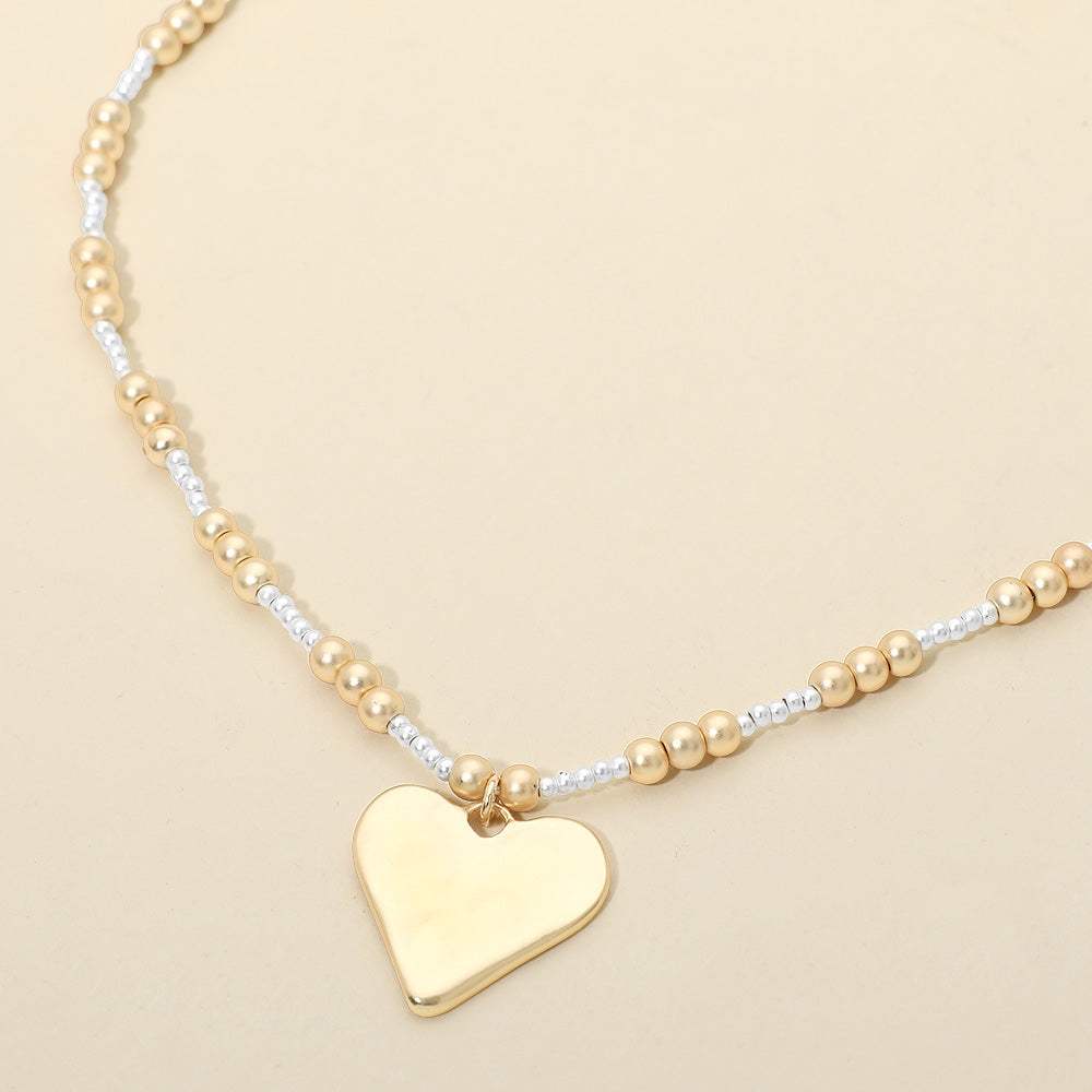 Brushed Hammered Metal Heart Pendant Beaded Chain Necklace - Madeline Love - Flyclothing LLC