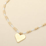Brushed Hammered Metal Heart Pendant Beaded Chain Necklace - Madeline Love - Flyclothing LLC
